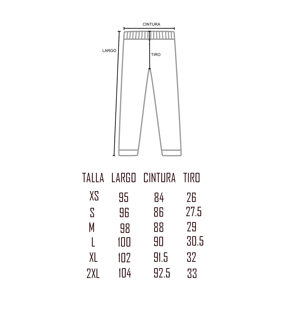 Size guide Sweatpants XS-2XL